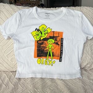 Obey Cropped Tee - White with Neon Green and Orange